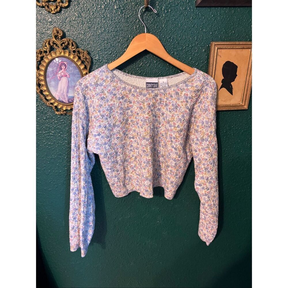 Vintage County Seat Marled Cropped Sweater Women’s Medium Blue Pink Yellow Chunk
